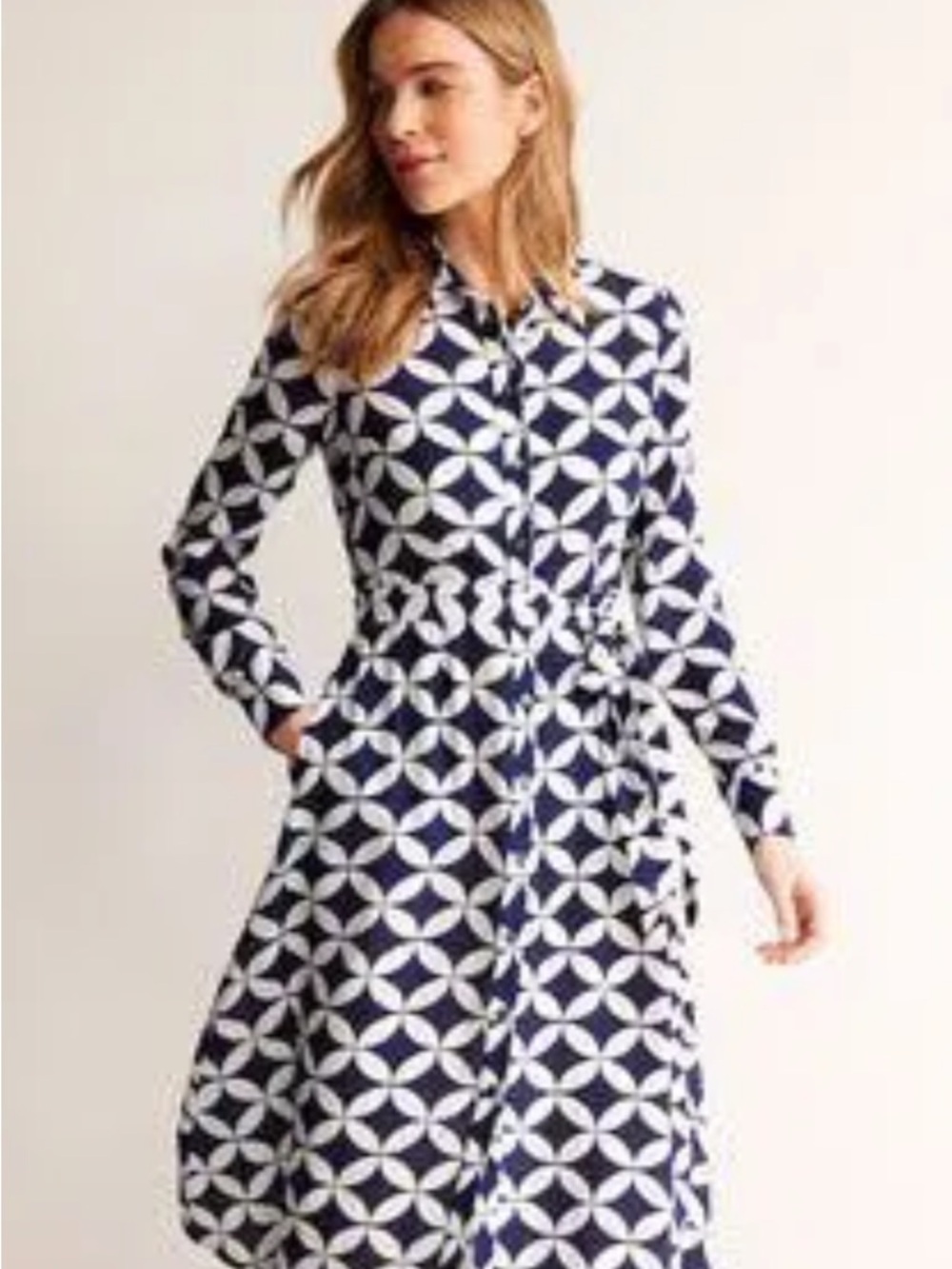 Boden Navy and White Geometric Tie-Waist Shirt Dress